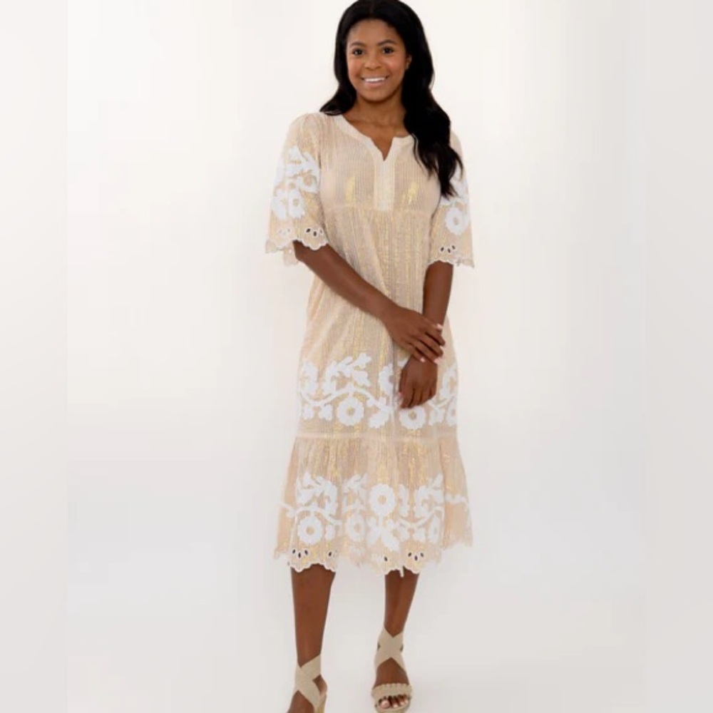 CHARLESTON SHOE CO. Argento Gold Cream Striped Embroidered Long Dress
